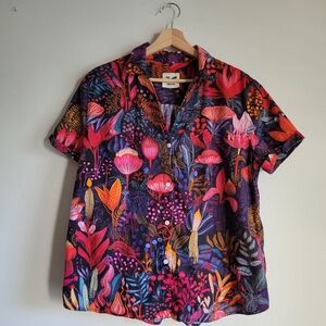 Yiume Dreamy Scarlet Botanical Paradise Print-mismatched V-neck Hawaiian Shirt
